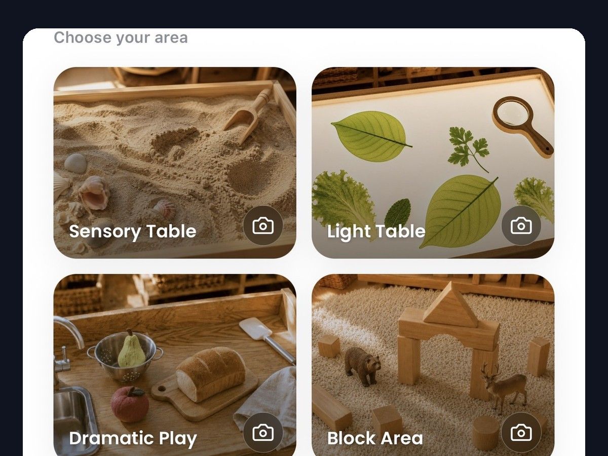 The Sparka area picker showing sensory table, light table, dramatic play and block area