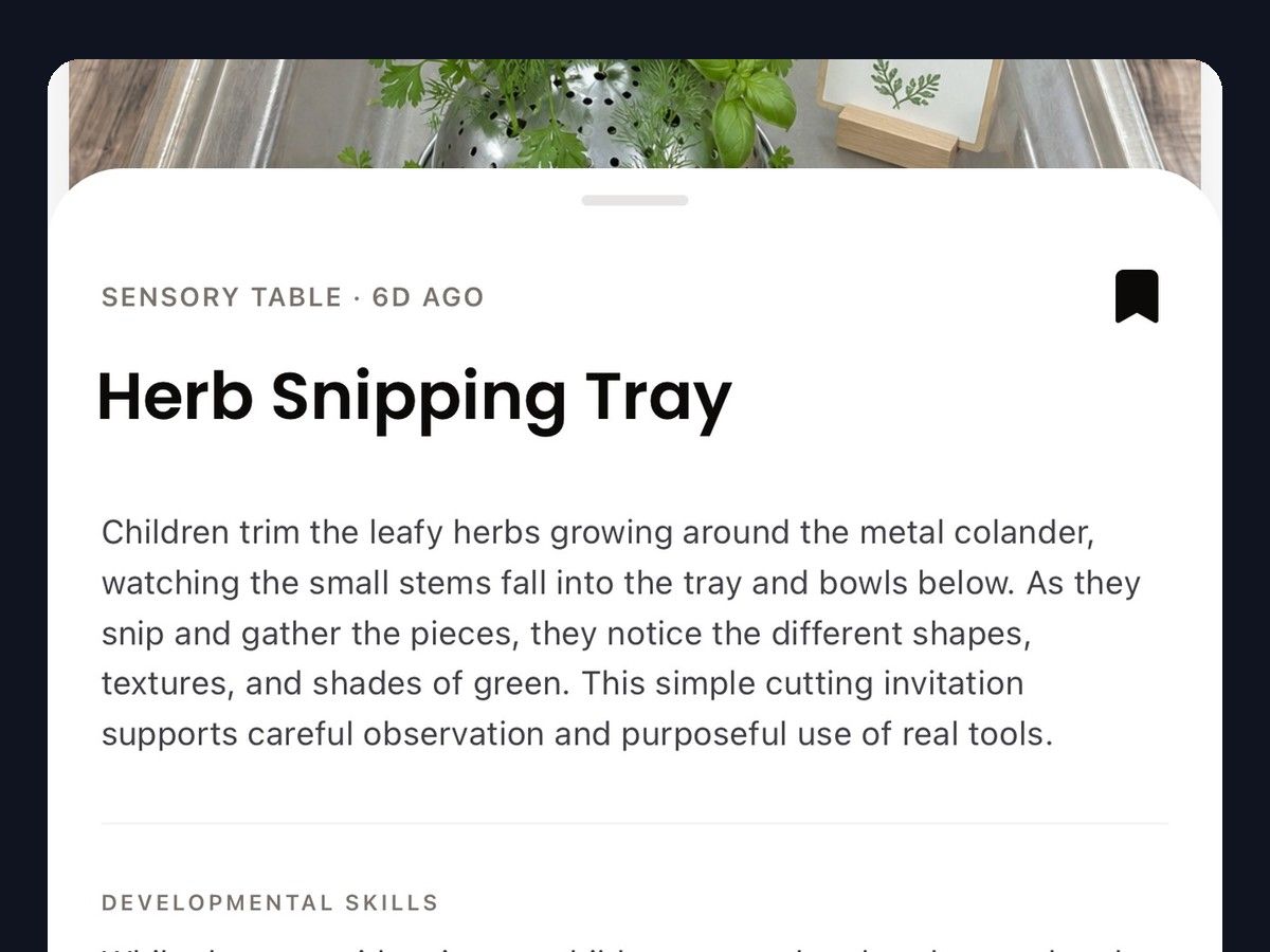 A Sparka activity card for a Herb Snipping Tray, with description and developmental skills