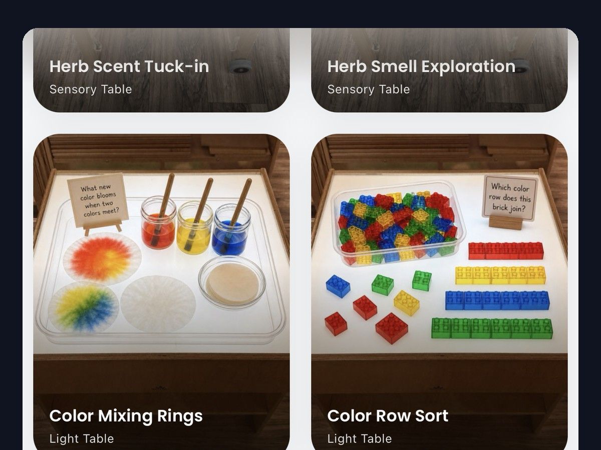 The Sparka saved library showing a grid of saved activity ideas for the light table