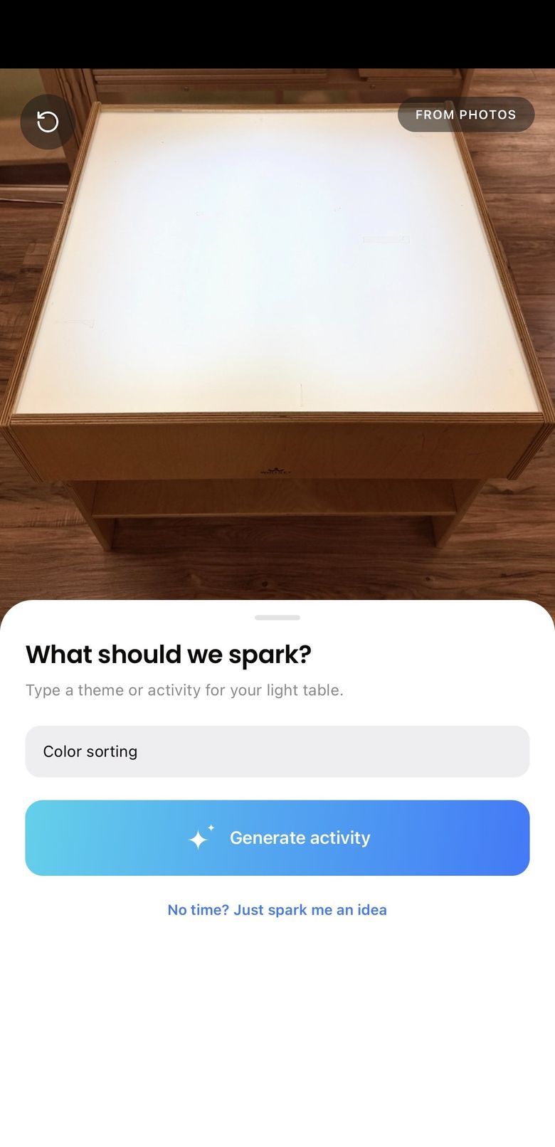 Typing a theme into Sparka — color sorting for the light table